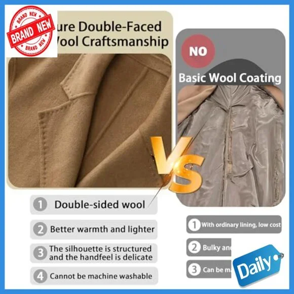 Long Wool Pea Coat Double Breasted Trench Jacket Winter Overcoat Lightweight - Picture 6 of 7